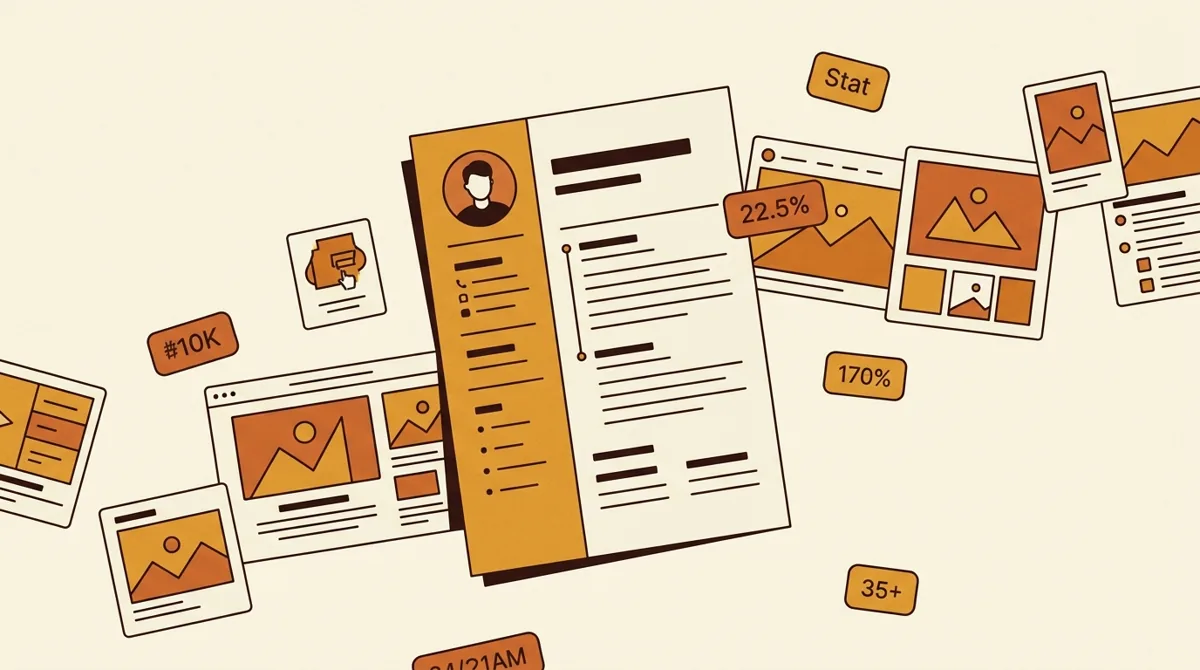 Media kit pages and profile cards arranged around creator metrics and portfolio proof