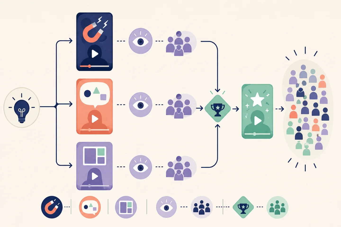 Three Reel variants move through observation and a decision gate before one reaches a broader audience
