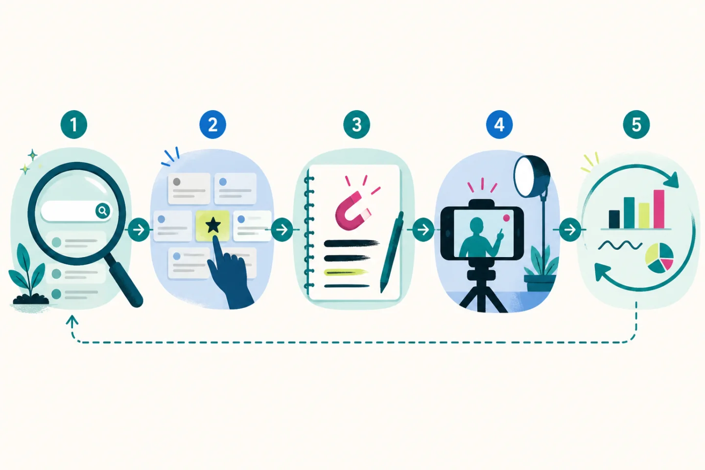 Five connected stages showing search discovery, content-gap selection, hook writing, filming, and an analytics feedback loop